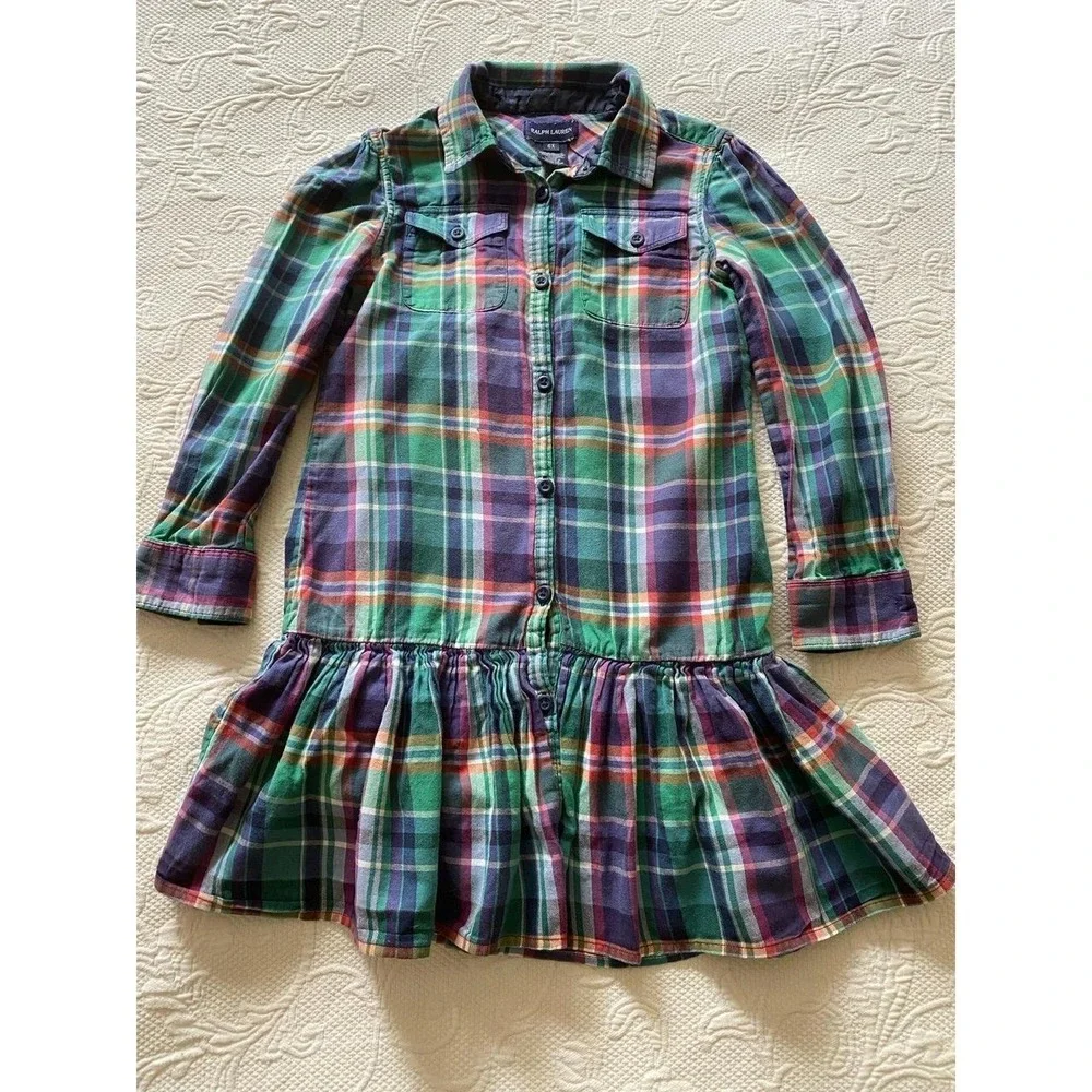 Ralph Lauren Plaid Ruffle Flounce Shirt Dress Buttons Long Sleeve 6x s2
